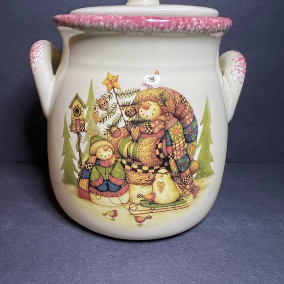 VTG Commodities Ceramic Snowman Family Double Handle Christmas Canister w/ Lid - Picture 2 of 9